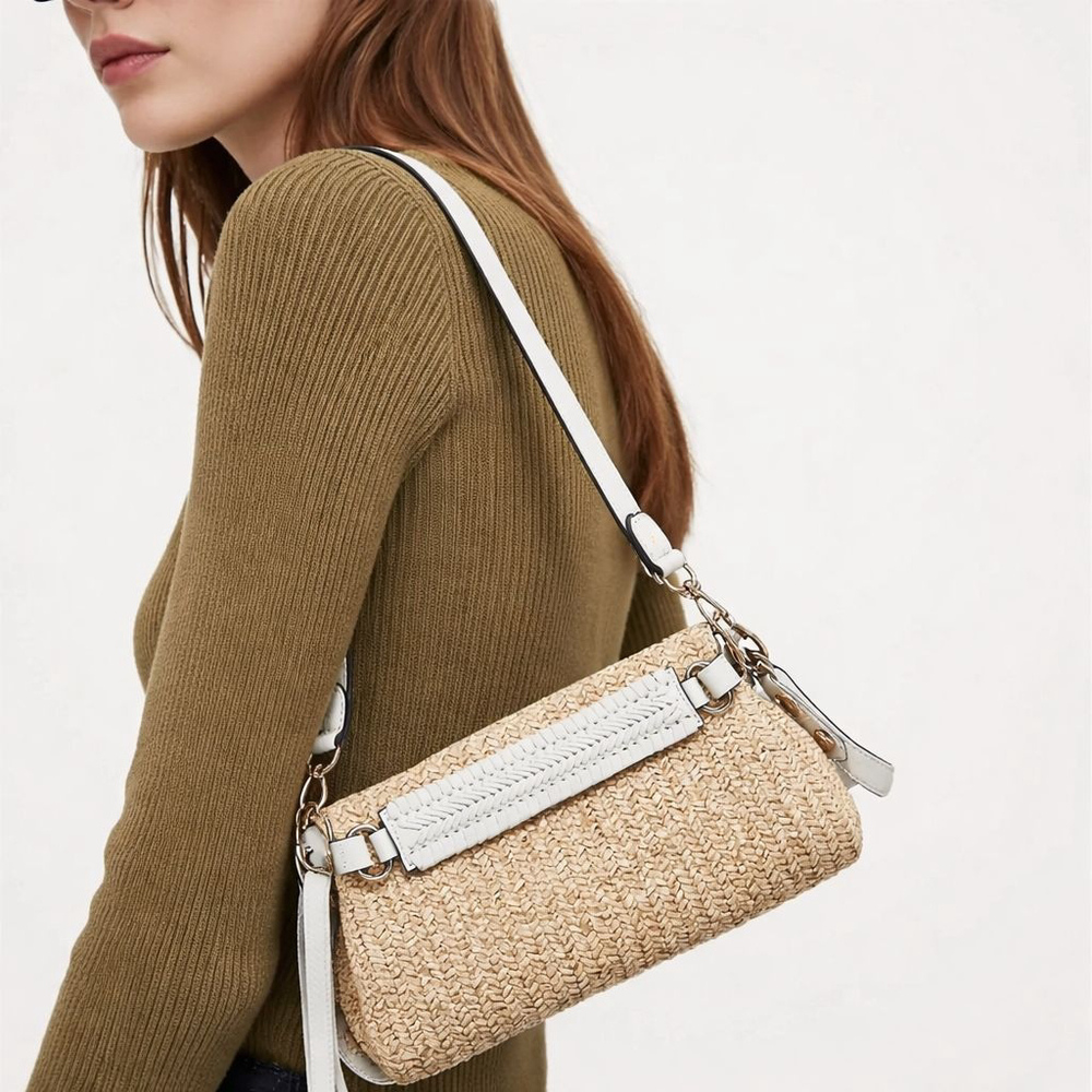 Aimee Kestenberg Designer Beige & White Woven Straw Boho BeachCrossbody Bag NWOT